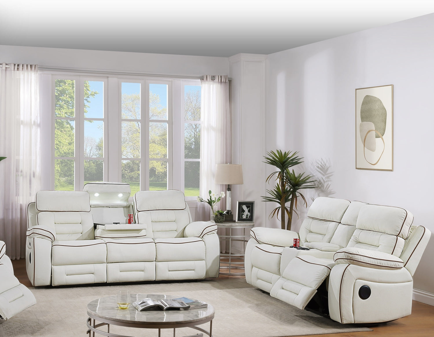 SH8898WHT-2 PW RECLN LOVE SEAT CONSOLE W/ PW HEADREST, SPEAKER, COOLING LED CUP HOLDER  &amp; PW OUTLET. - SH8898WHT-2