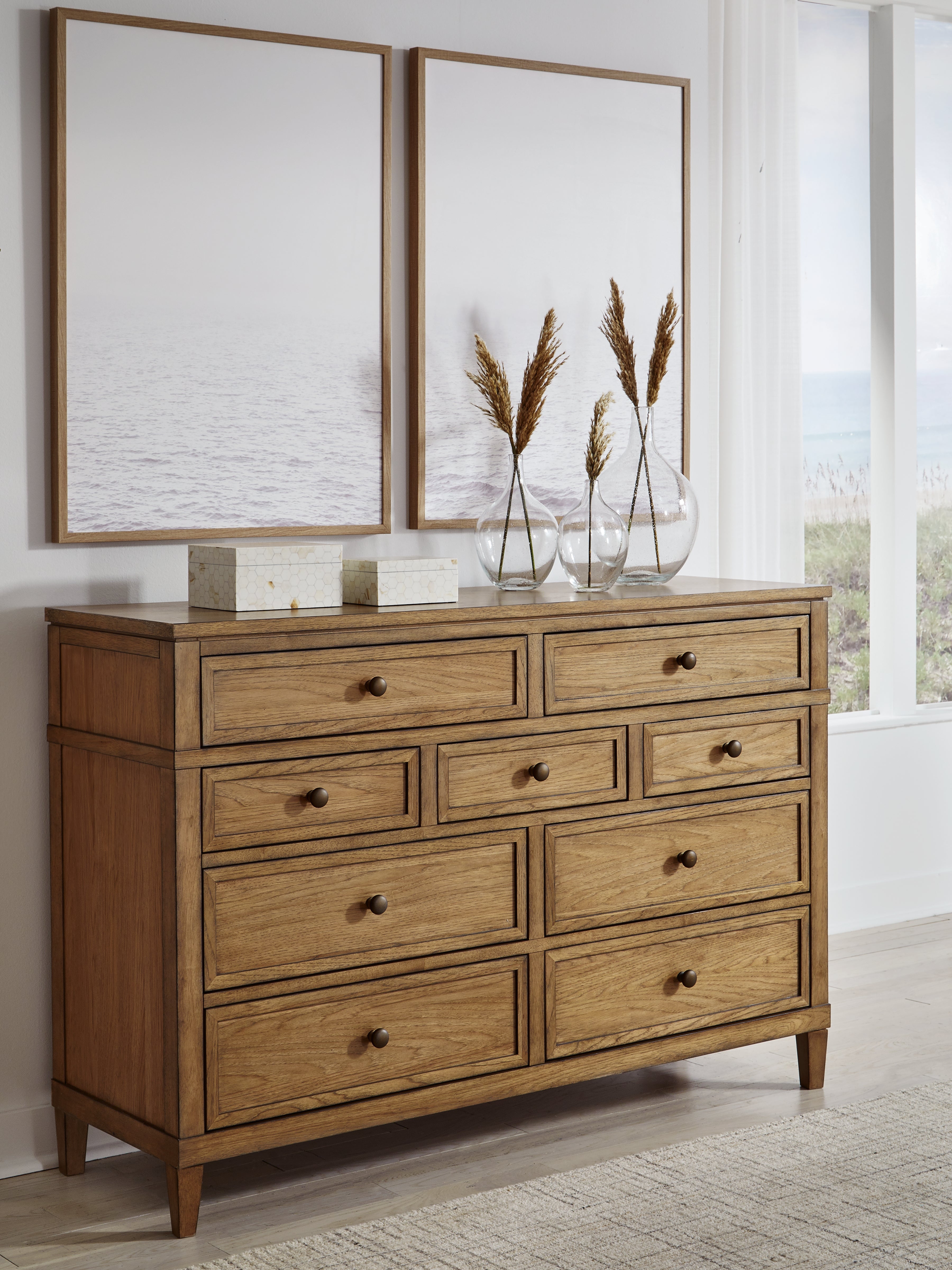 Sharlance California King Upholstered Panel Bed with Dresser in Light Brown from Ashley - Luna Furniture