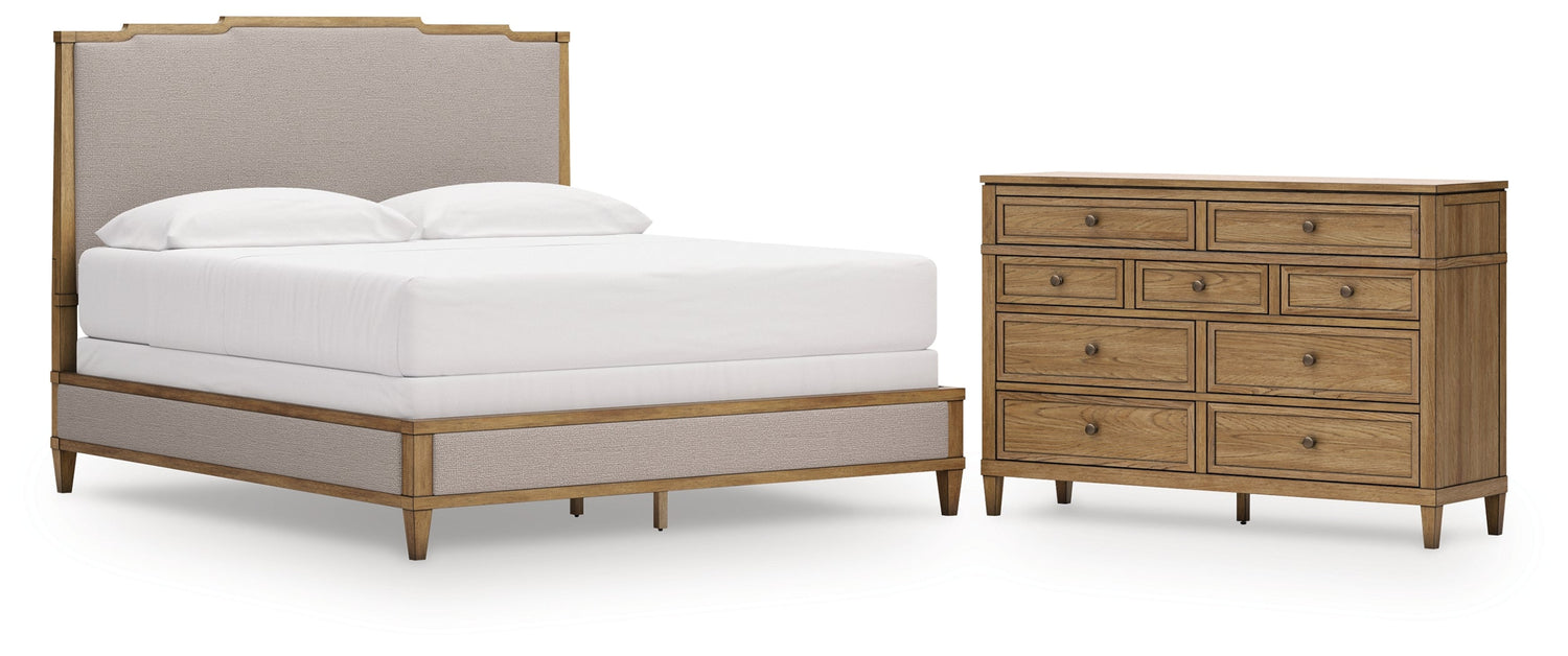 Sharlance California King Upholstered Panel Bed with Dresser in Light Brown from Ashley - Luna Furniture