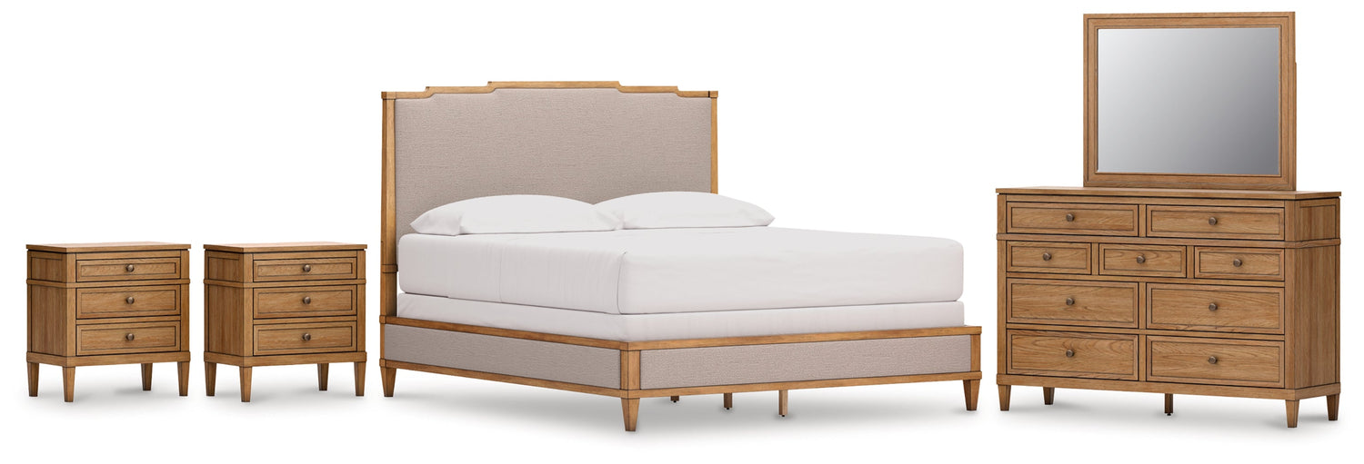 Sharlance California King Upholstered Panel Bed with Mirrored Dresser and 2 Nightstands in Light Brown from Ashley - Luna Furniture