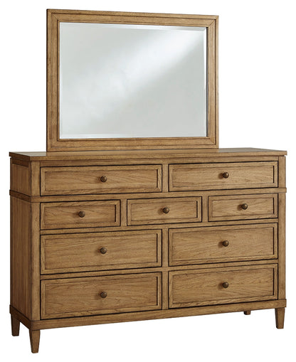 Sharlance California King Upholstered Panel Bed with Mirrored Dresser and Chest in Light Brown from Ashley - Luna Furniture