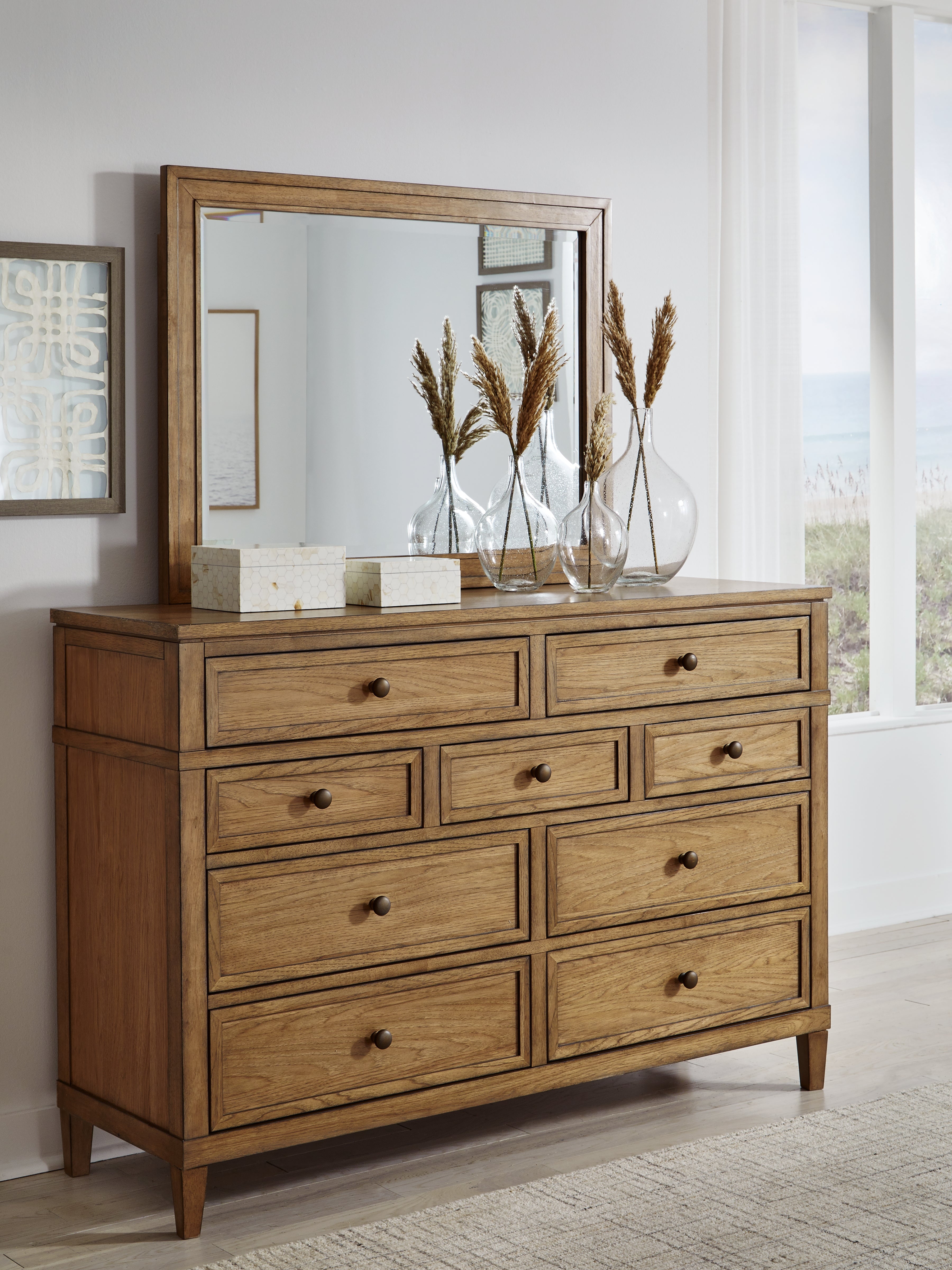 Sharlance California King Upholstered Panel Bed with Mirrored Dresser and Nightstand in Light Brown from Ashley - Luna Furniture