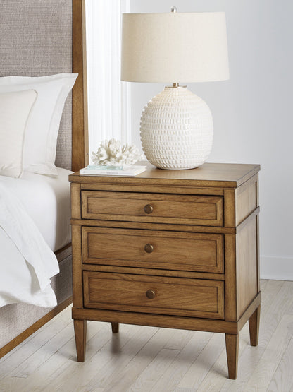 Sharlance California King Upholstered Panel Bed with Mirrored Dresser and Nightstand in Light Brown from Ashley - Luna Furniture