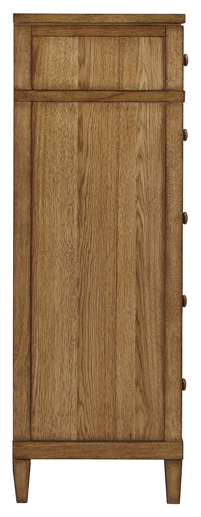 Sharlance California King Upholstered Panel Bed with Mirrored Dresser, Chest and 2 Nightstands in Light Brown from Ashley - Luna Furniture