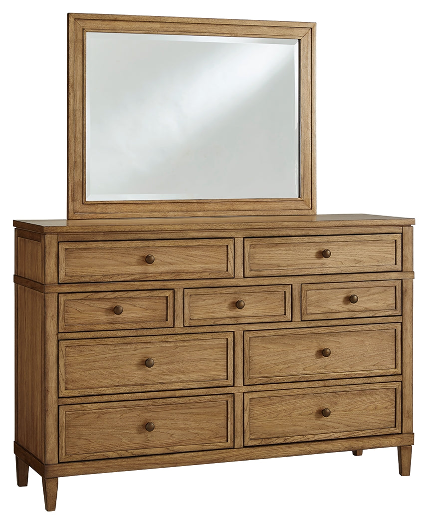 Sharlance California King Upholstered Panel Bed with Mirrored Dresser in Light Brown from Ashley - Luna Furniture