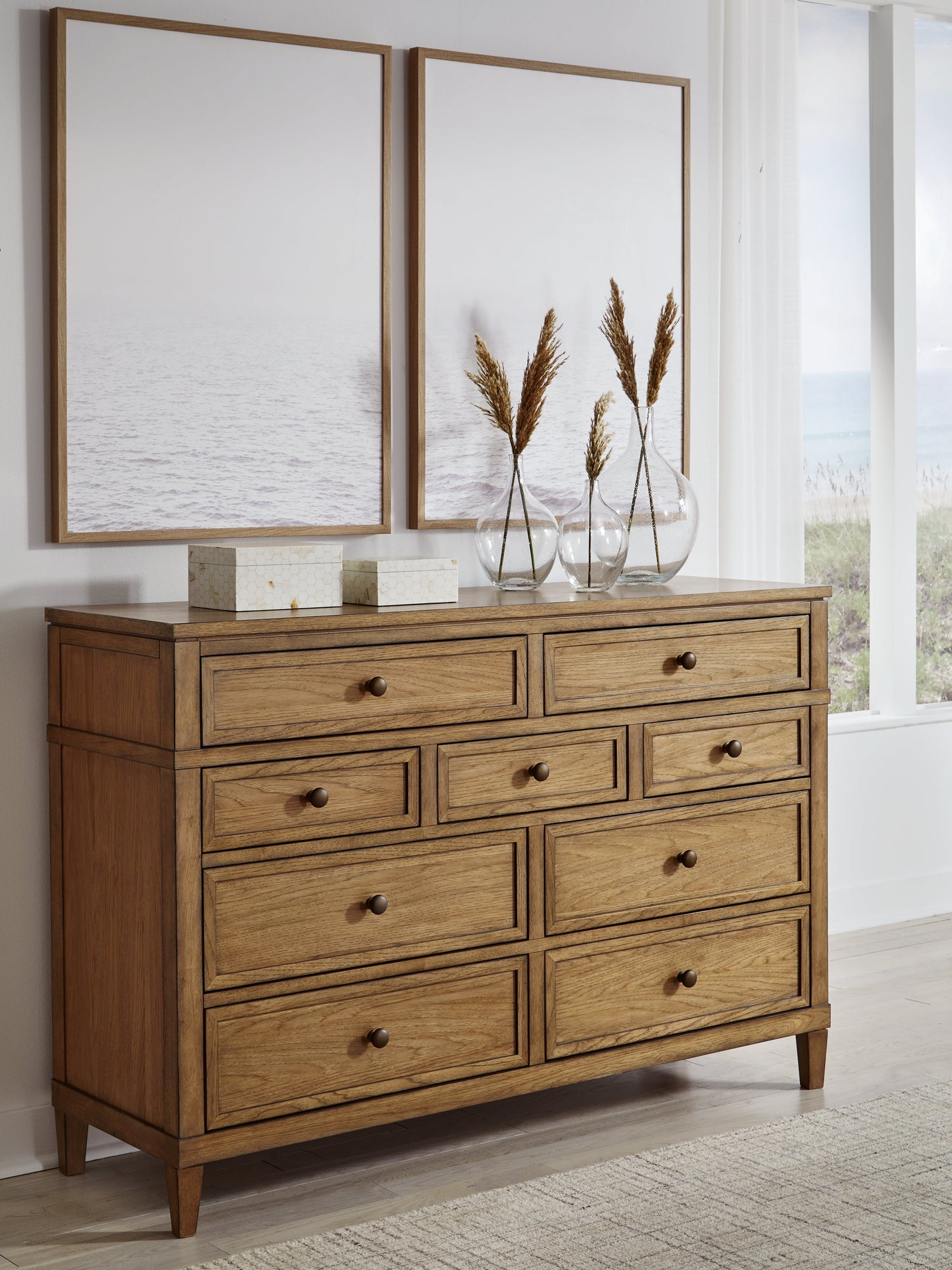 Sharlance King Upholstered Panel Bed with Dresser and 2 Nightstands in Light Brown from Ashley - Luna Furniture