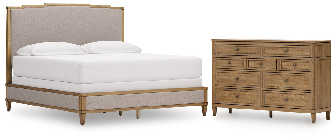 Sharlance King Upholstered Panel Bed with Dresser in Light Brown from Ashley - Luna Furniture