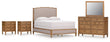 Sharlance Queen Upholstered Panel Bed with Mirrored Dresser and 2 Nightstands in Brown from Ashley - Luna Furniture