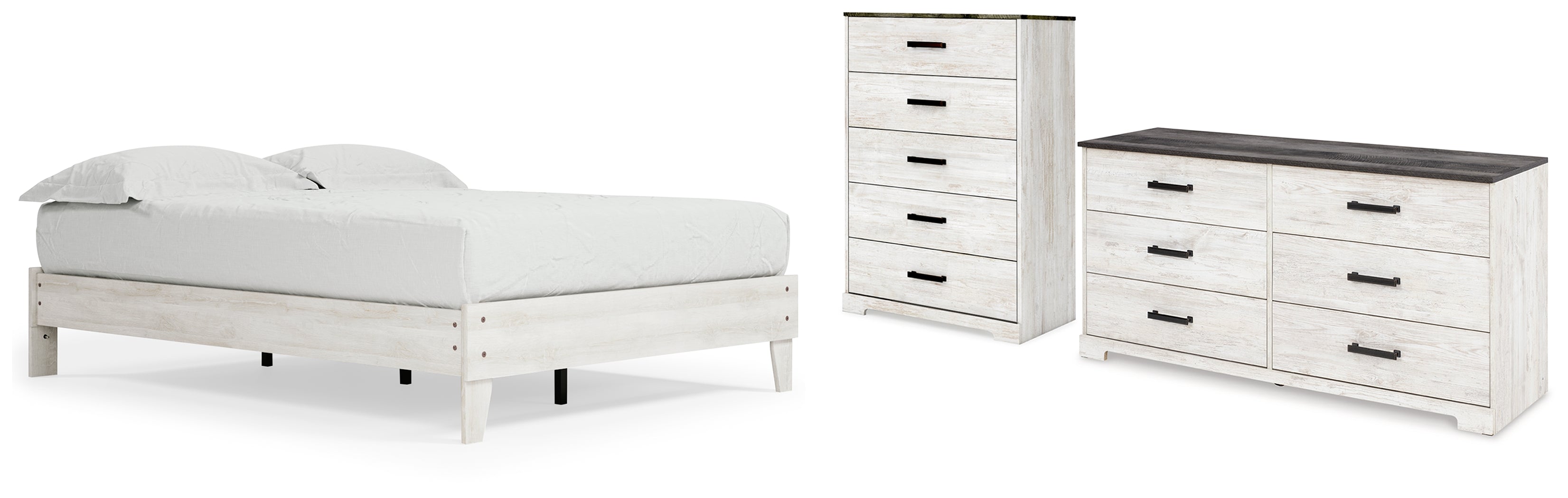 Shawburn Queen Platform Bed with Dresser and Chest in Whitewash - PKG016197