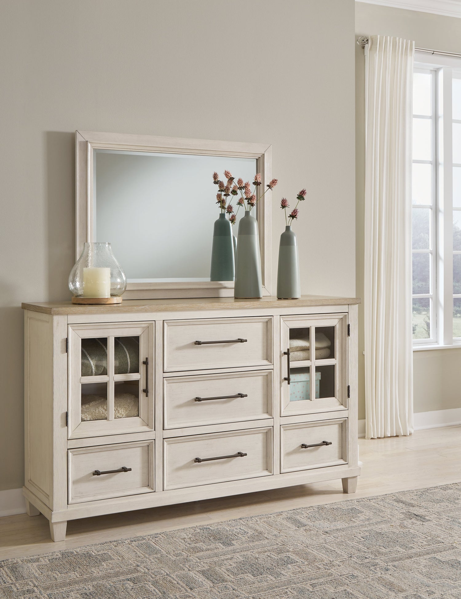 Shaybrock California King Panel Bed with Mirrored Dresser and Nightstand in Antique White from Ashley - Luna Furniture