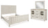 Shaybrock California King Panel Bed with Mirrored Dresser in Antique White - PKG020392