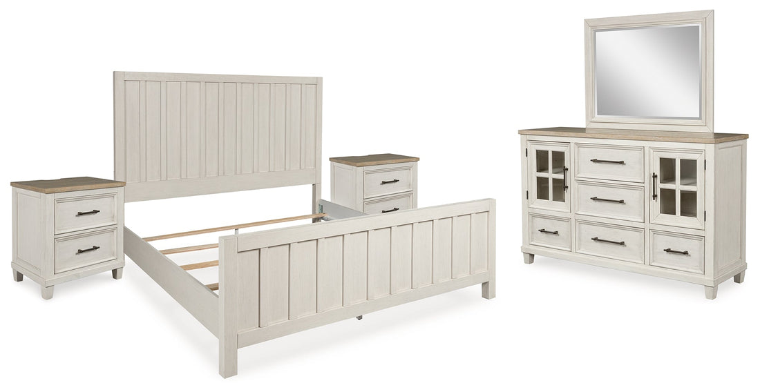 Shaybrock King Panel Bed with Mirrored Dresser and 2 Nightstands in Antique White - PKG020384