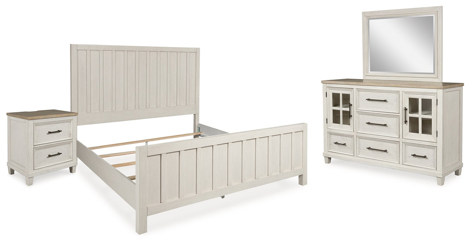 Shaybrock King Panel Bed with Mirrored Dresser and Nightstand in Antique White - PKG020386