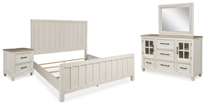 Shaybrock King Panel Bed with Mirrored Dresser and Nightstand in Antique White - PKG020386