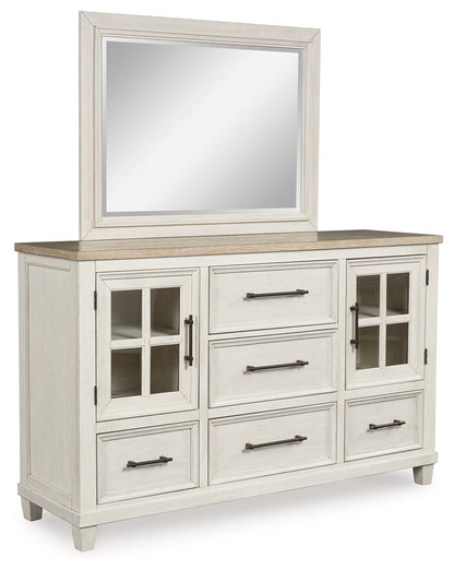 Shaybrock King Panel Bed with Mirrored Dresser, Chest and 2 Nightstands in Antique White from Ashley - Luna Furniture
