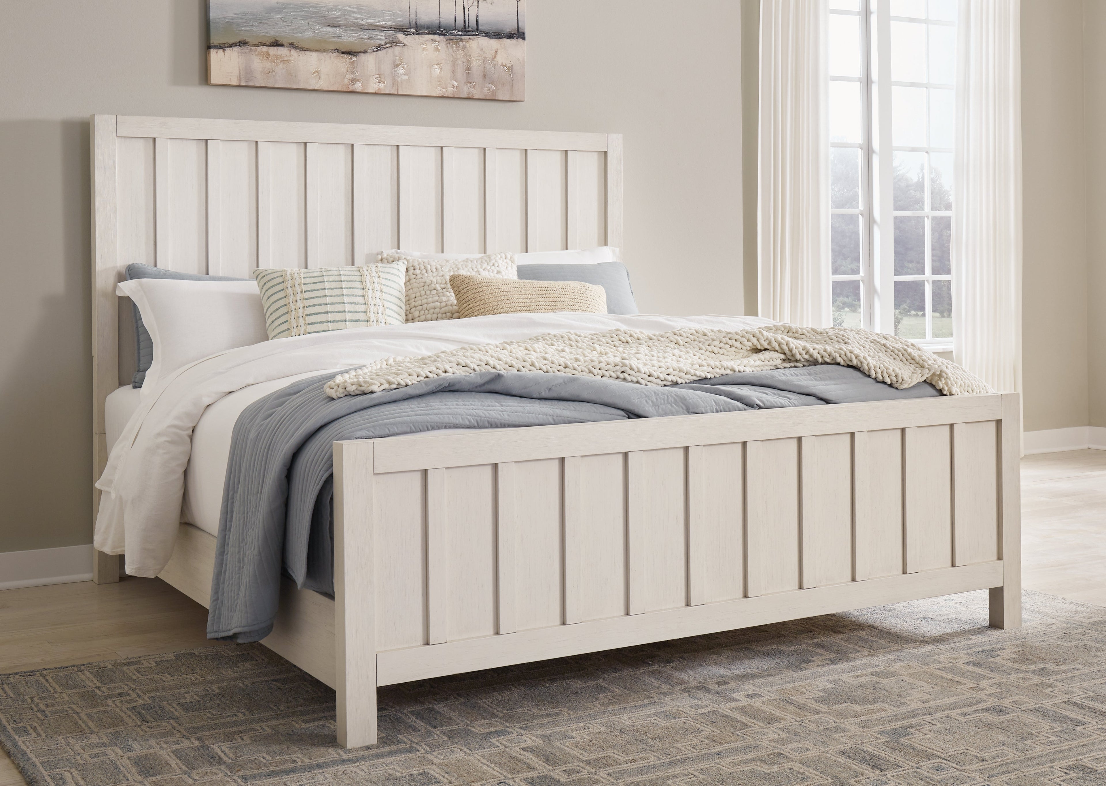 Shaybrock King Panel Bed with Mirrored Dresser, Chest and 2 Nightstands in Antique White from Ashley - Luna Furniture