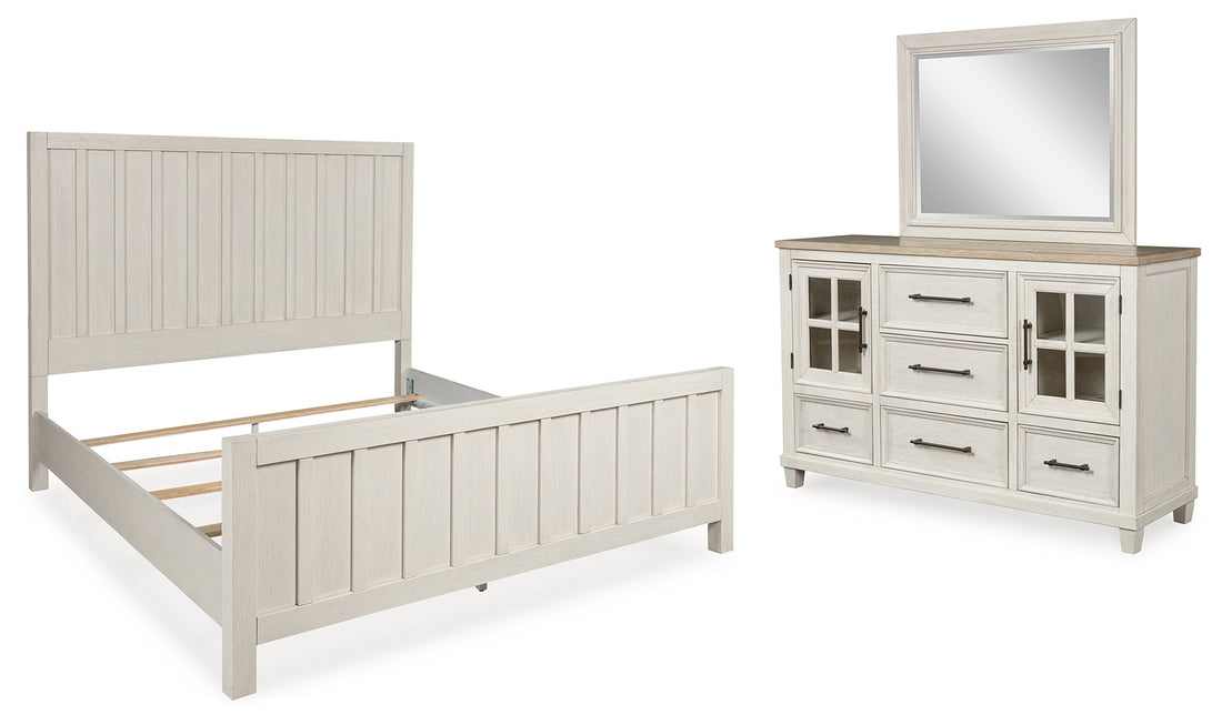 Shaybrock King Panel Bed with Mirrored Dresser in Antique White - PKG020383