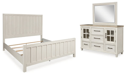 Shaybrock King Panel Bed with Mirrored Dresser in Antique White - PKG020383