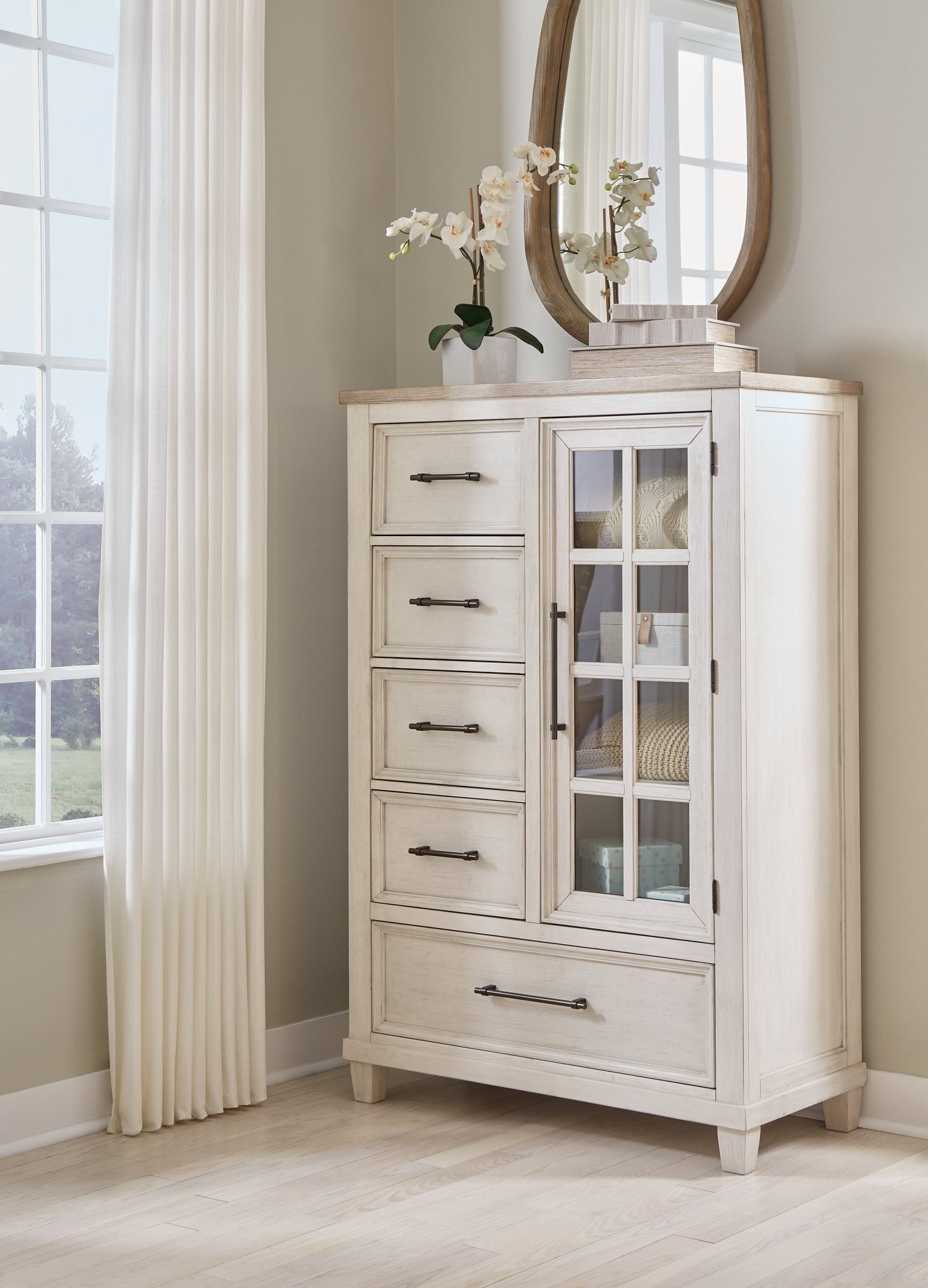 Shaybrock Queen Panel Bed with Mirrored Dresser and Chest in Antique White from Ashley - Luna Furniture