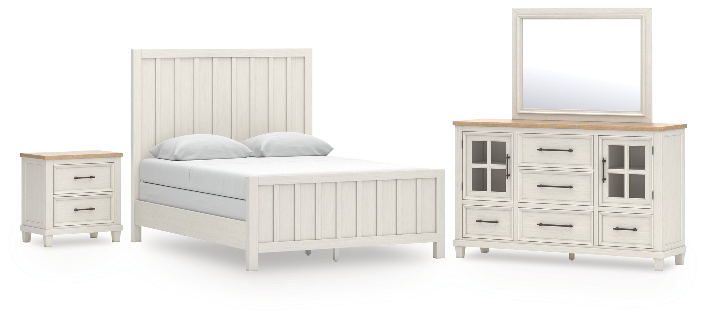 Shaybrock Queen Panel Bed with Mirrored Dresser and Nightstand in Antique White from Ashley - Luna Furniture