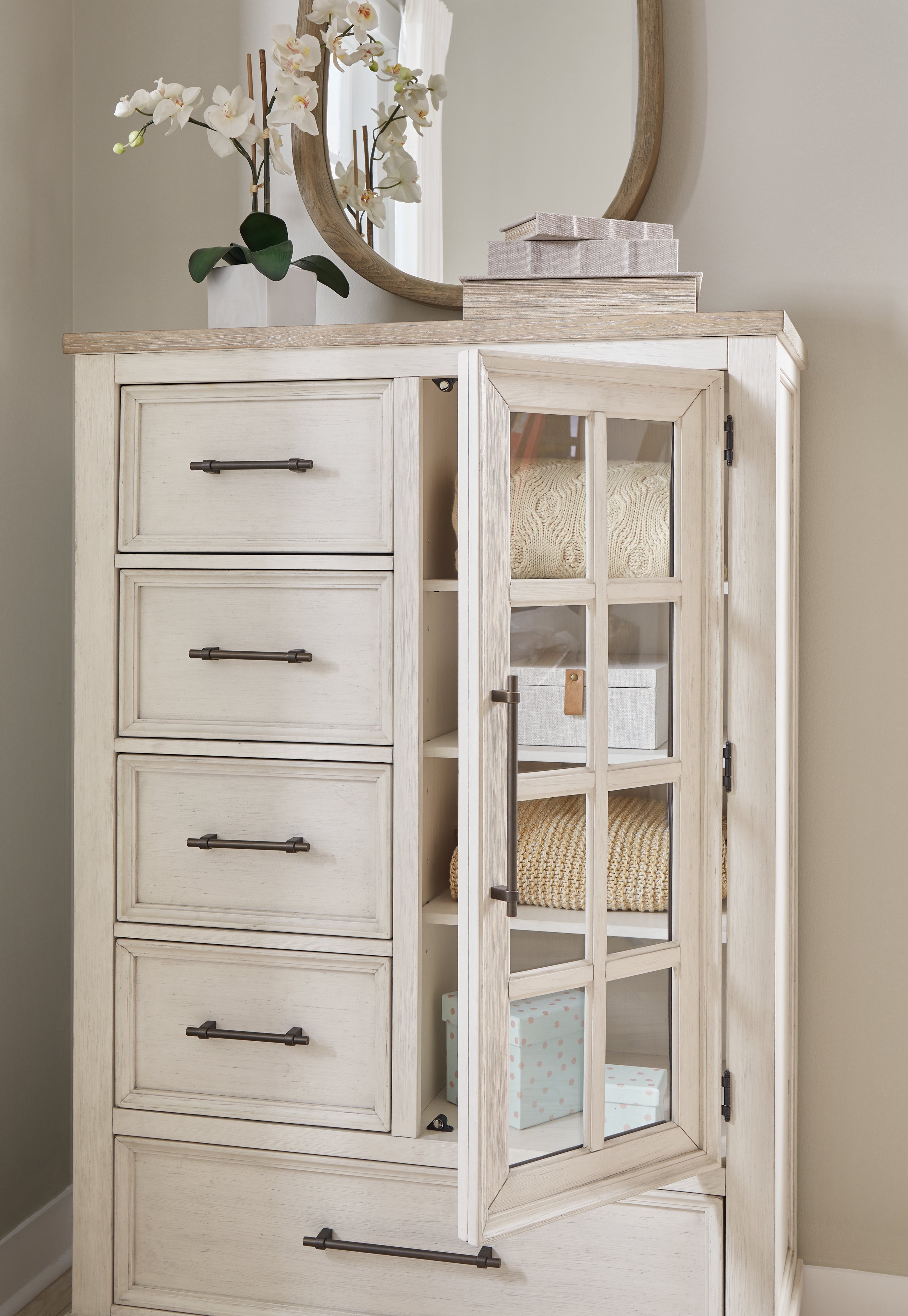 Shaybrock Queen Panel Bed with Mirrored Dresser, Chest and Nightstand in Antique White from Ashley - Luna Furniture