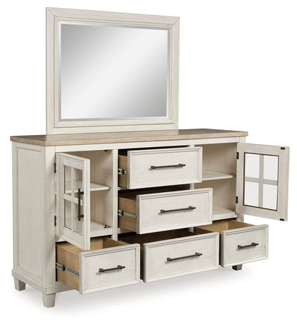 Shaybrock Queen Panel Bed with Mirrored Dresser, Chest and Nightstand in Antique White from Ashley - Luna Furniture