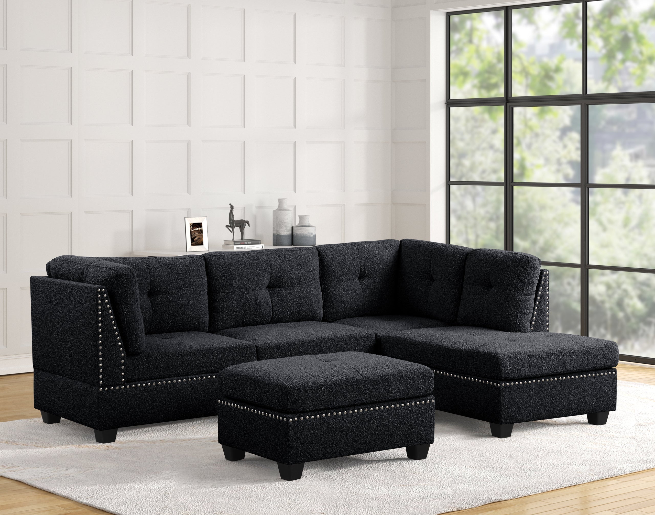 Sienna Boucle Black Sectional + Ottoman Set - Sienna Boucle Black
