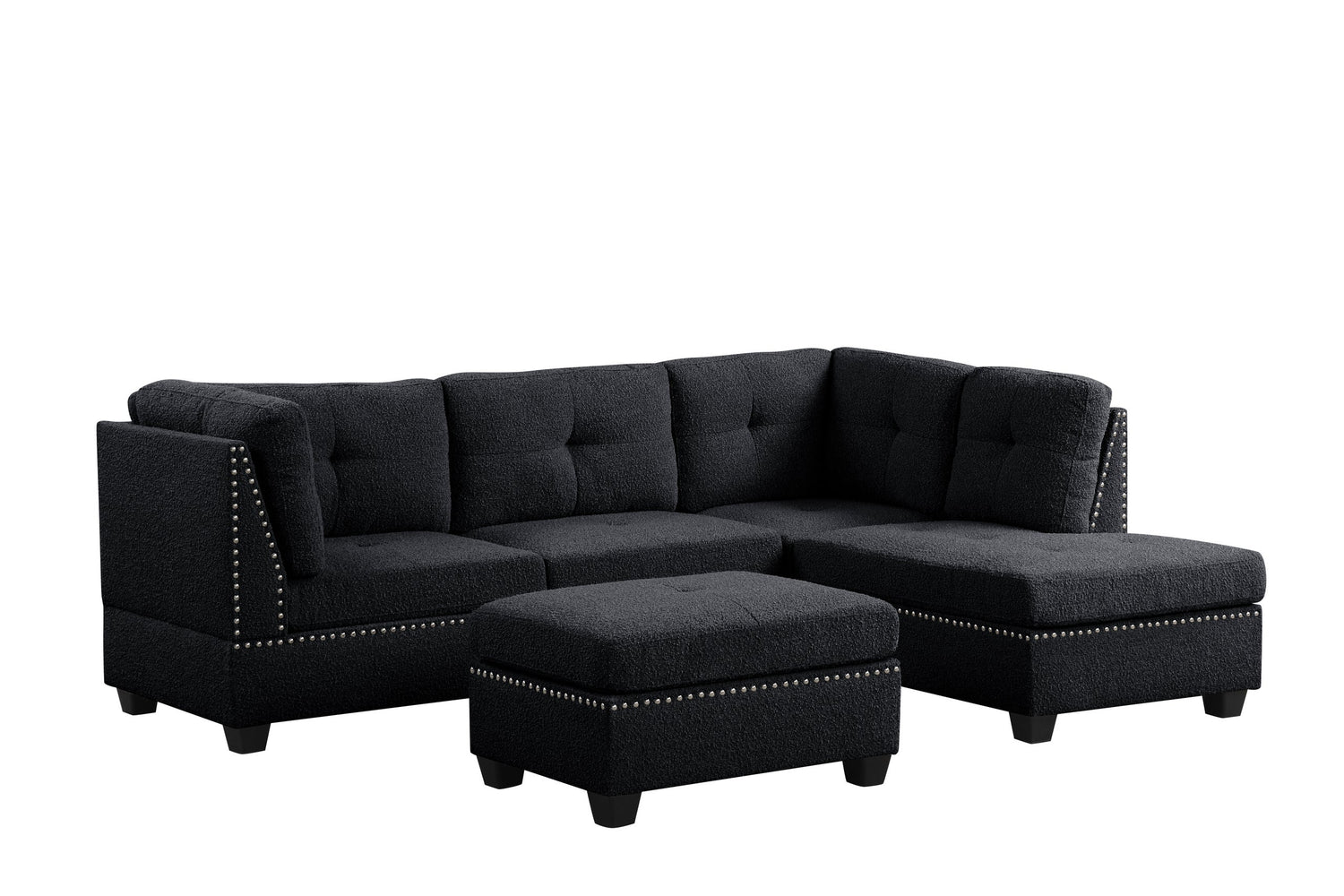 Sienna Boucle Black Sectional + Ottoman Set - Sienna Boucle Black