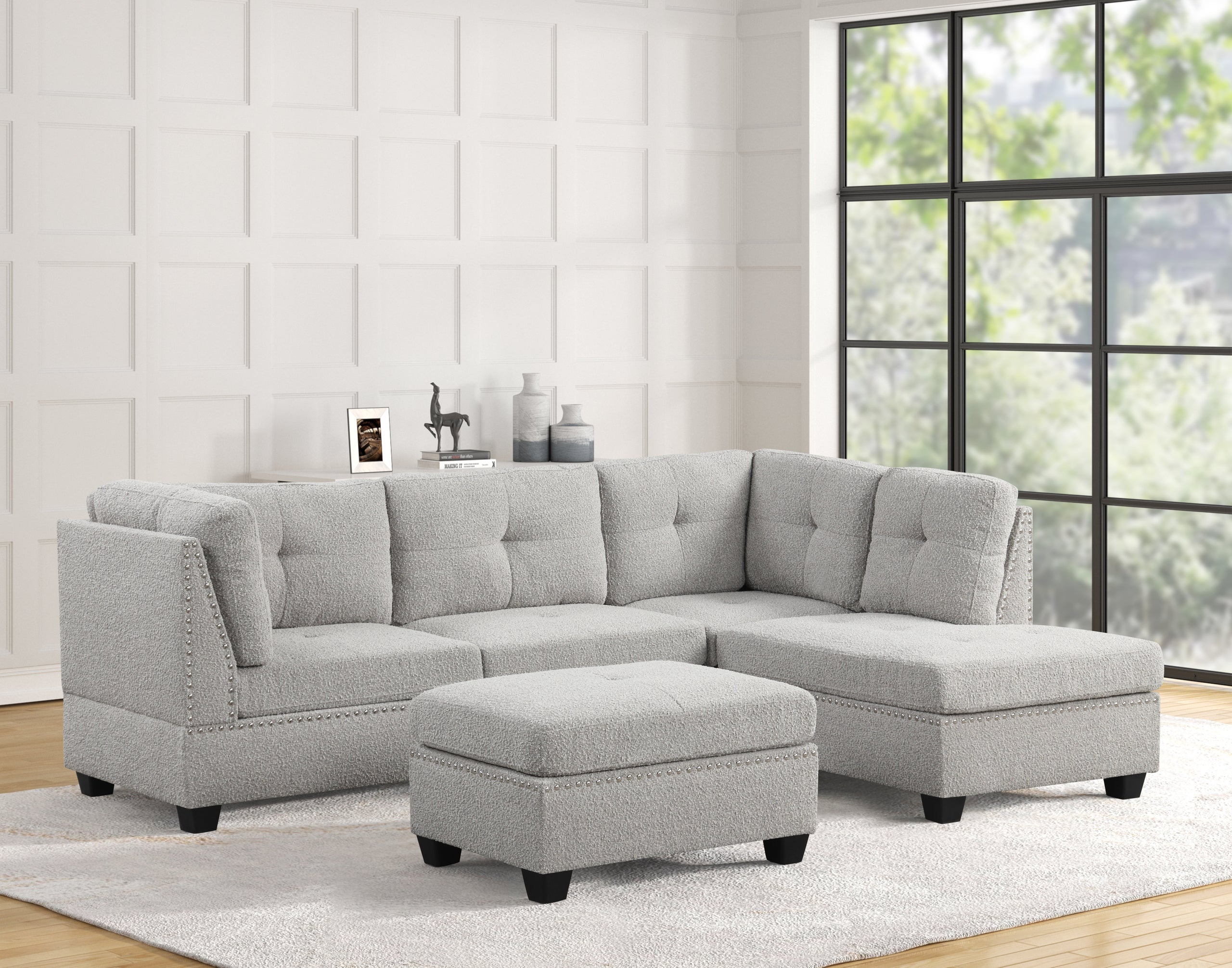 Sienna Boucle Gray Sectional + Ottoman Set - Sienna Boucle Gray