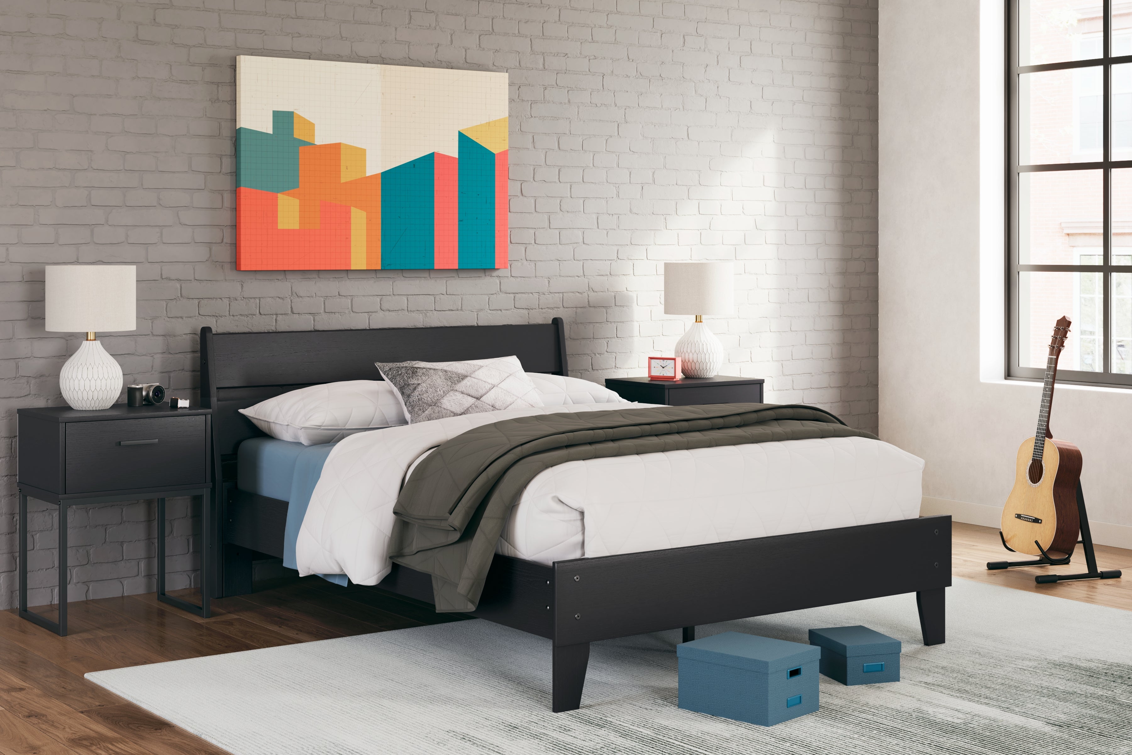 Socalle Full Panel Platform Bed with 2 Nightstands in Black - PKG019061