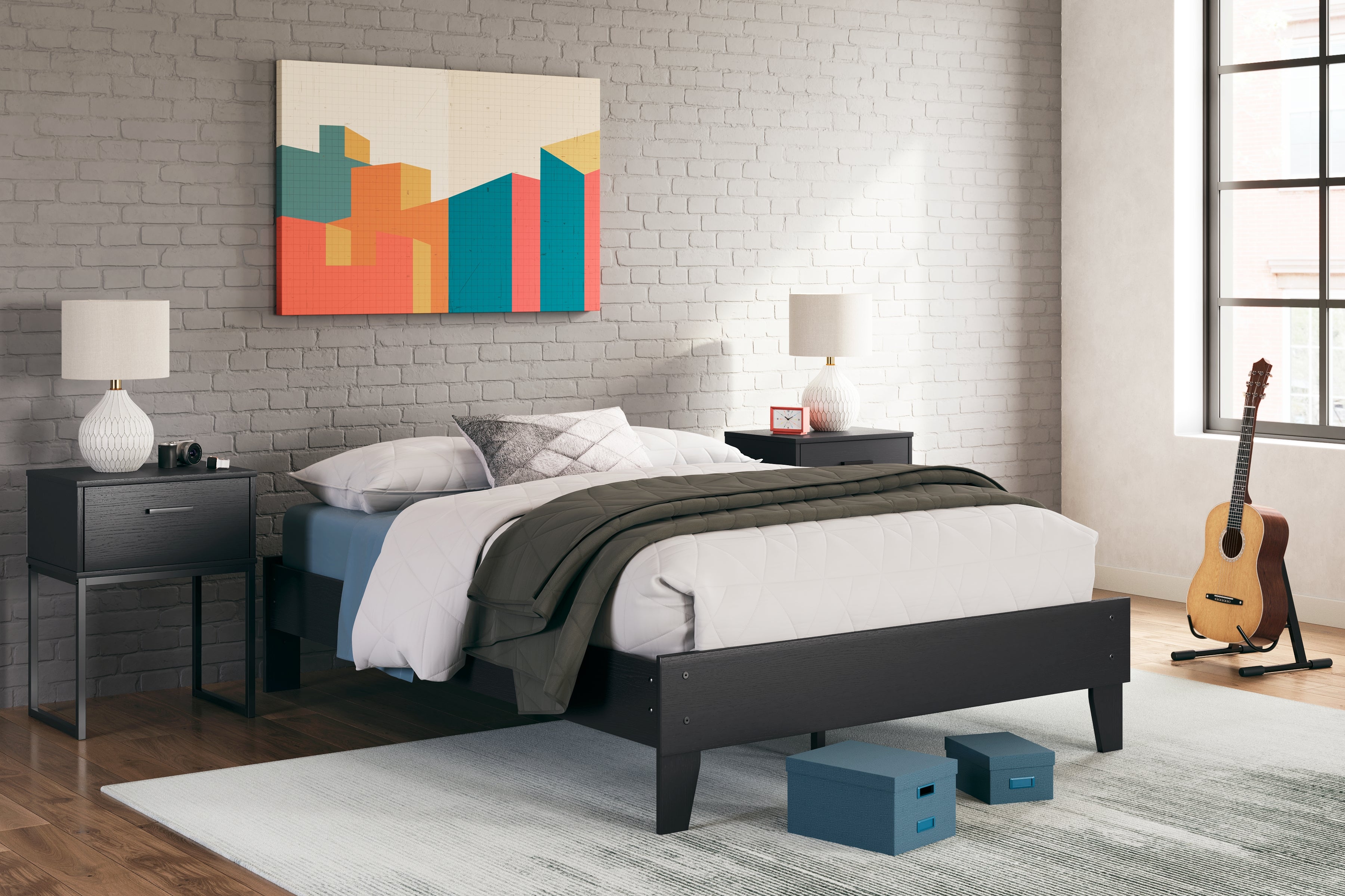 Socalle Full Platform Bed with Dresser, Chest and 2 Nightstands in Black - PKG019044