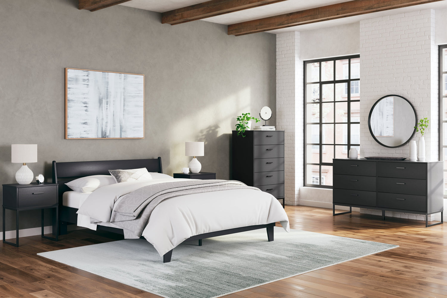 Socalle Queen Panel Platform Bed with Dresser, Chest and Nightstand in Black - PKG018879