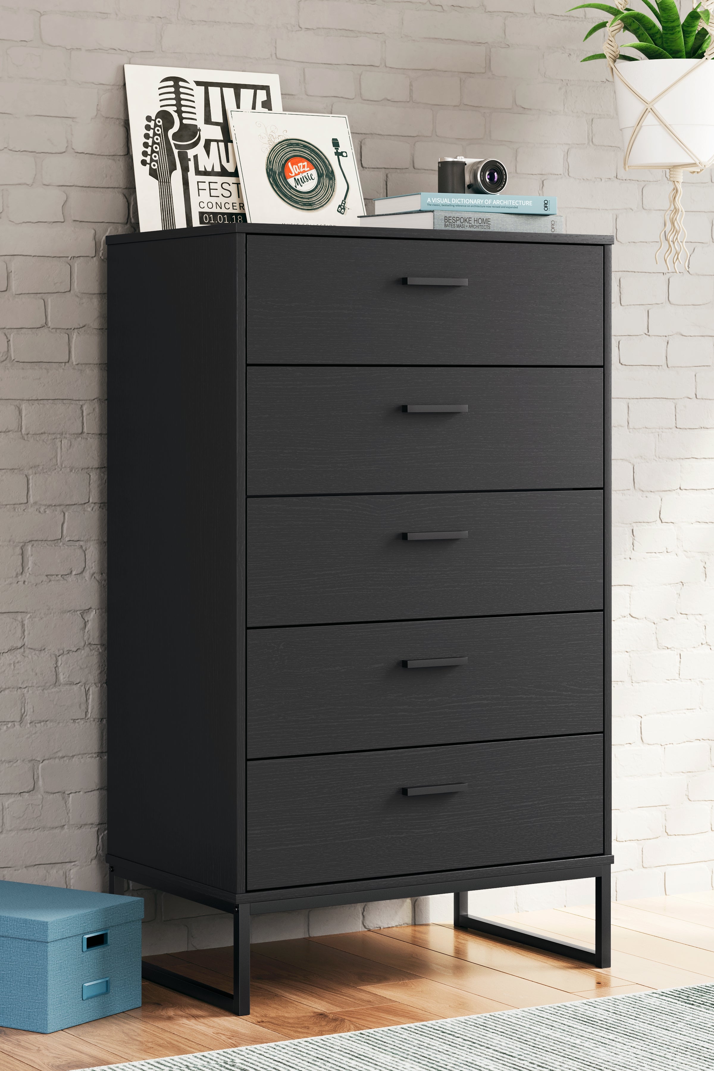 Socalle Twin Panel Platform Bed with Dresser, Chest and 2 Nightstands in Black - PKG019058