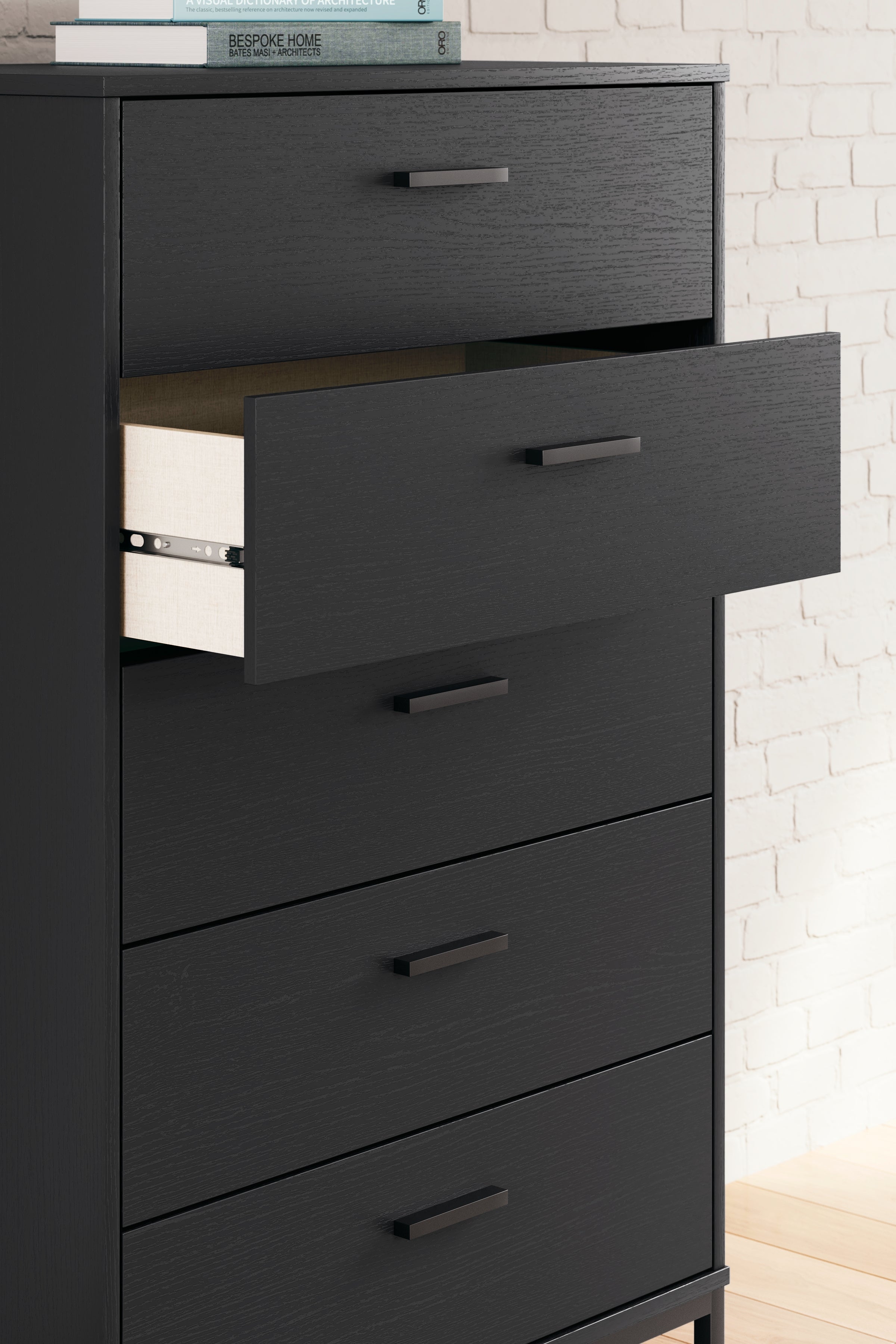 Socalle Twin Panel Platform Bed with Dresser, Chest and Nightstand in Black - PKG018871