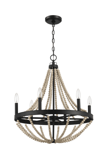 Starry Wood Chandelier Farmhouse Six Candle Light Wood Beaded Black Pendant Light for Dining Room - PNL03901301