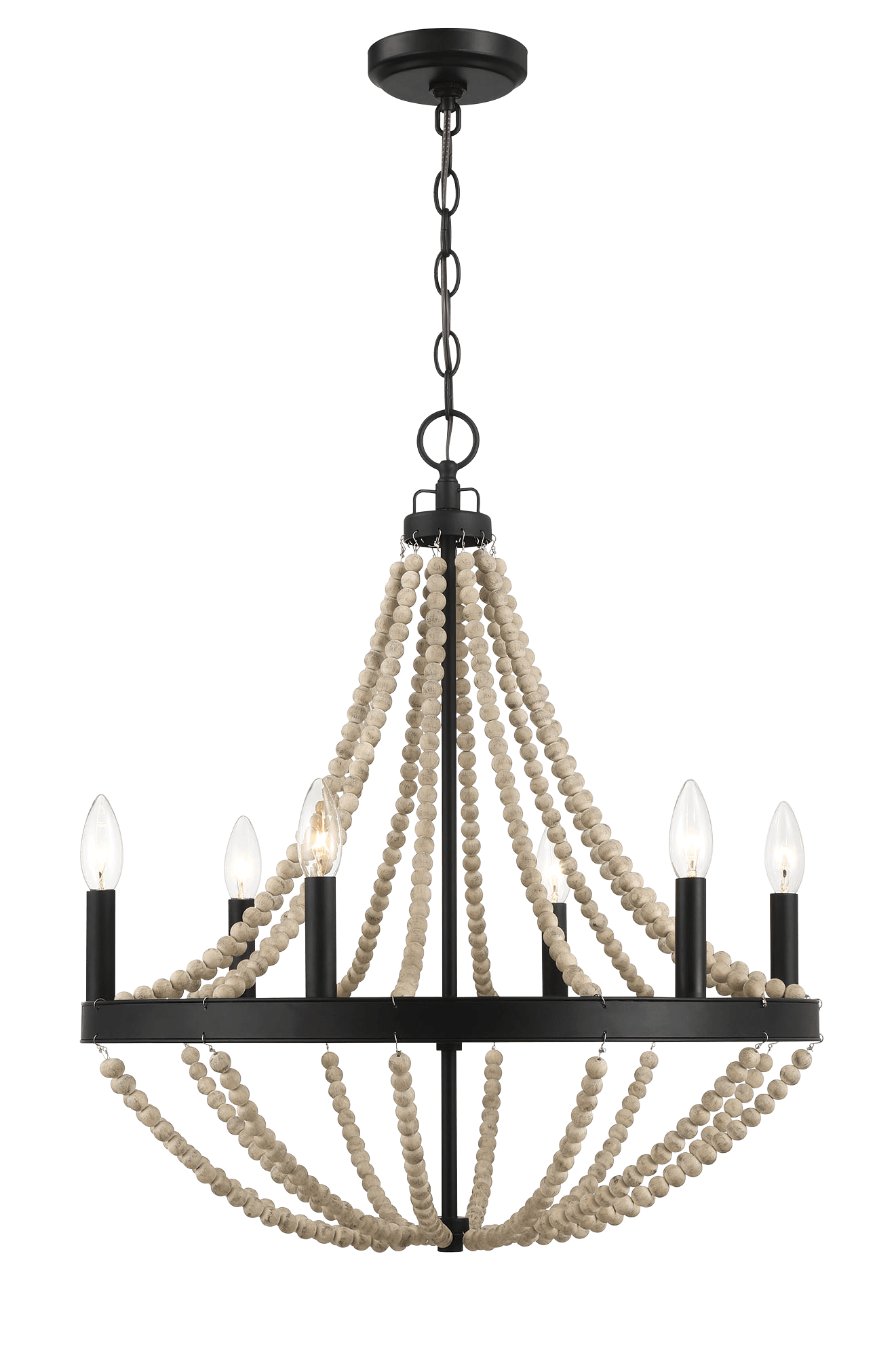 Starry Wood Chandelier Farmhouse Six Candle Light Wood Beaded Black Pendant Light for Dining Room - PNL03901301