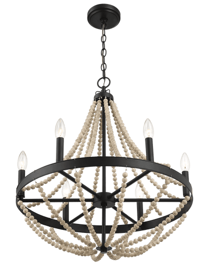Starry Wood Chandelier Farmhouse Six Candle Light Wood Beaded Black Pendant Light for Dining Room - PNL03901301