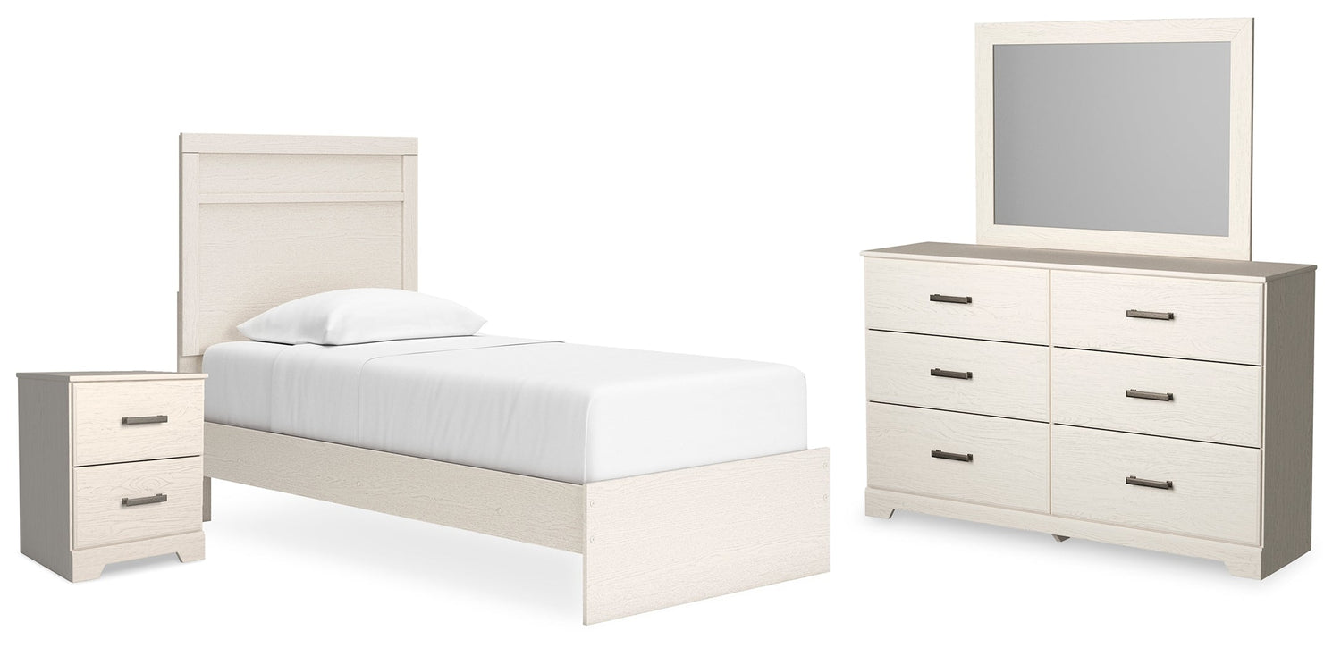 Stelsie Twin Panel Bed with Mirrored Dresser and Nightstand in White - PKG015994