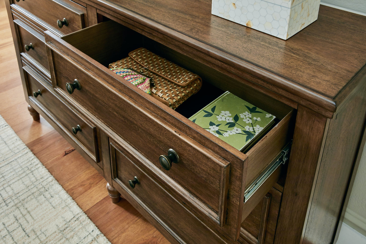 Sturlayne California King Upholstered Panel Bed with Dresser and 2 Nightstands in Brown from Ashley - Luna Furniture