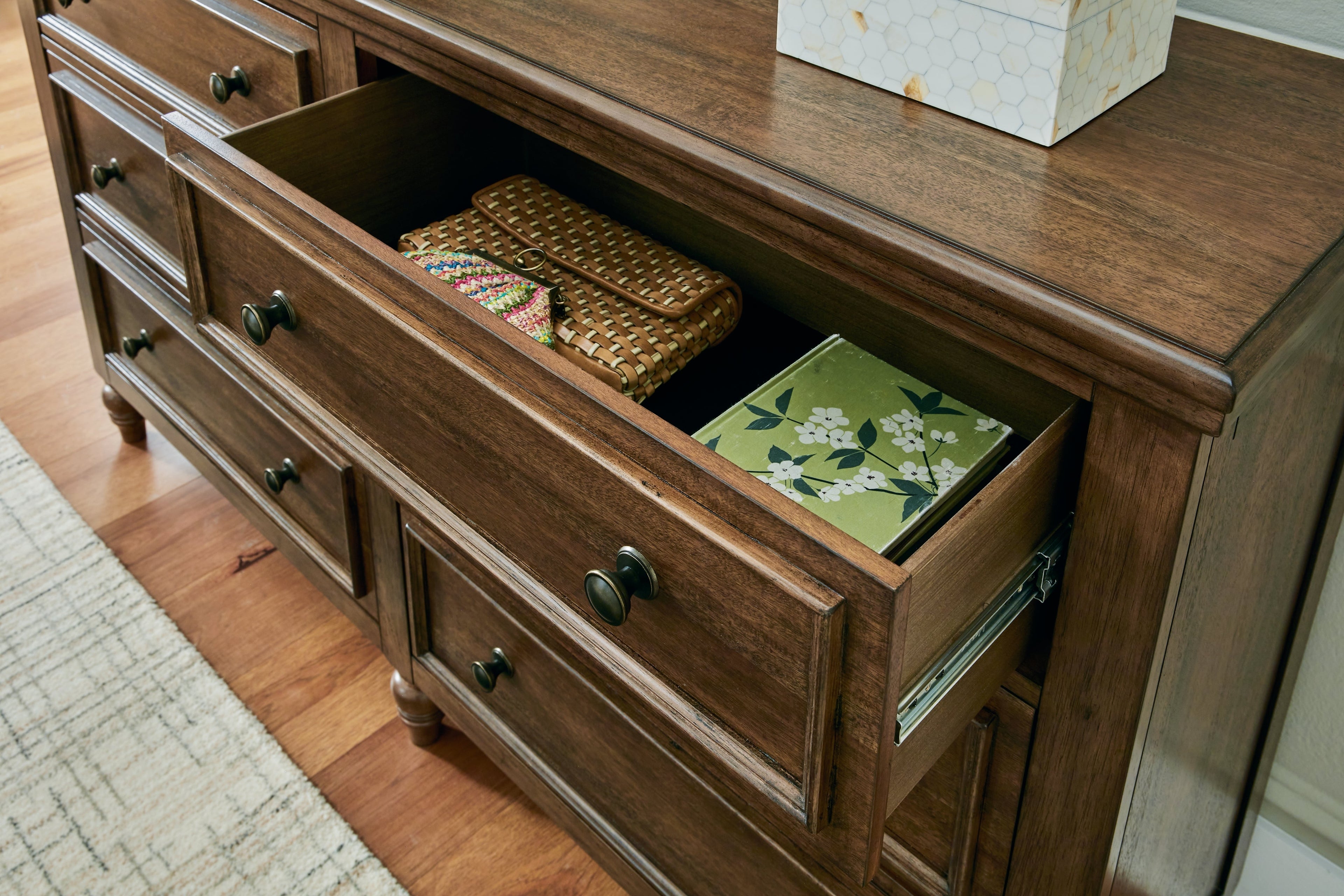 Sturlayne California King Upholstered Panel Bed with Dresser and 2 Nightstands in Brown from Ashley - Luna Furniture