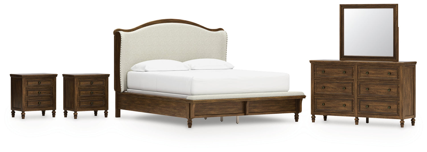 Sturlayne California King Upholstered Panel Bed with Mirrored Dresser and 2 Nightstands in Brown from Ashley - Luna Furniture