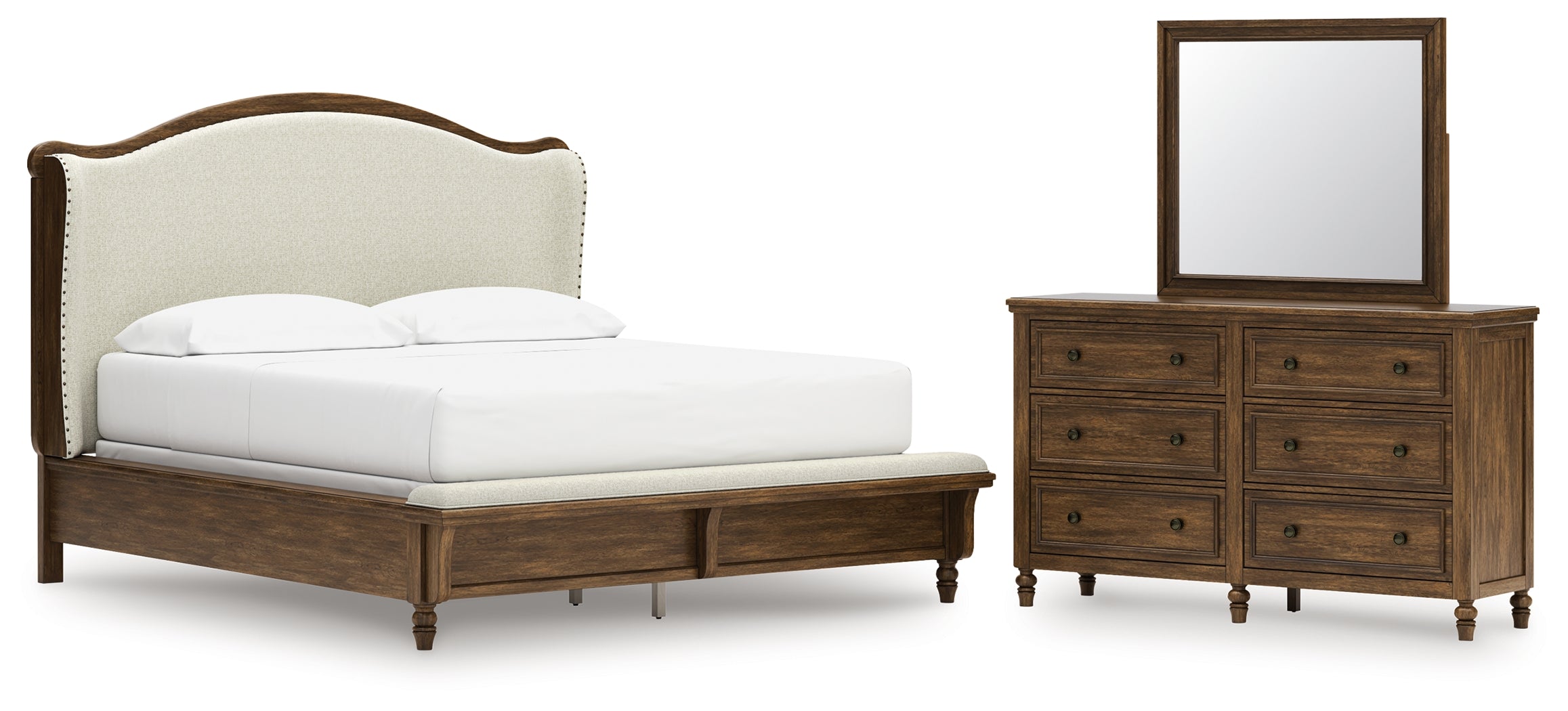 Sturlayne California King Upholstered Panel Bed with Mirrored Dresser in Brown from Ashley - Luna Furniture
