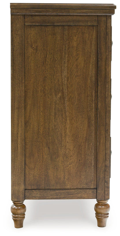Sturlayne King Upholstered Panel Bed with Dresser and 2 Nightstands in Brown from Ashley - Luna Furniture