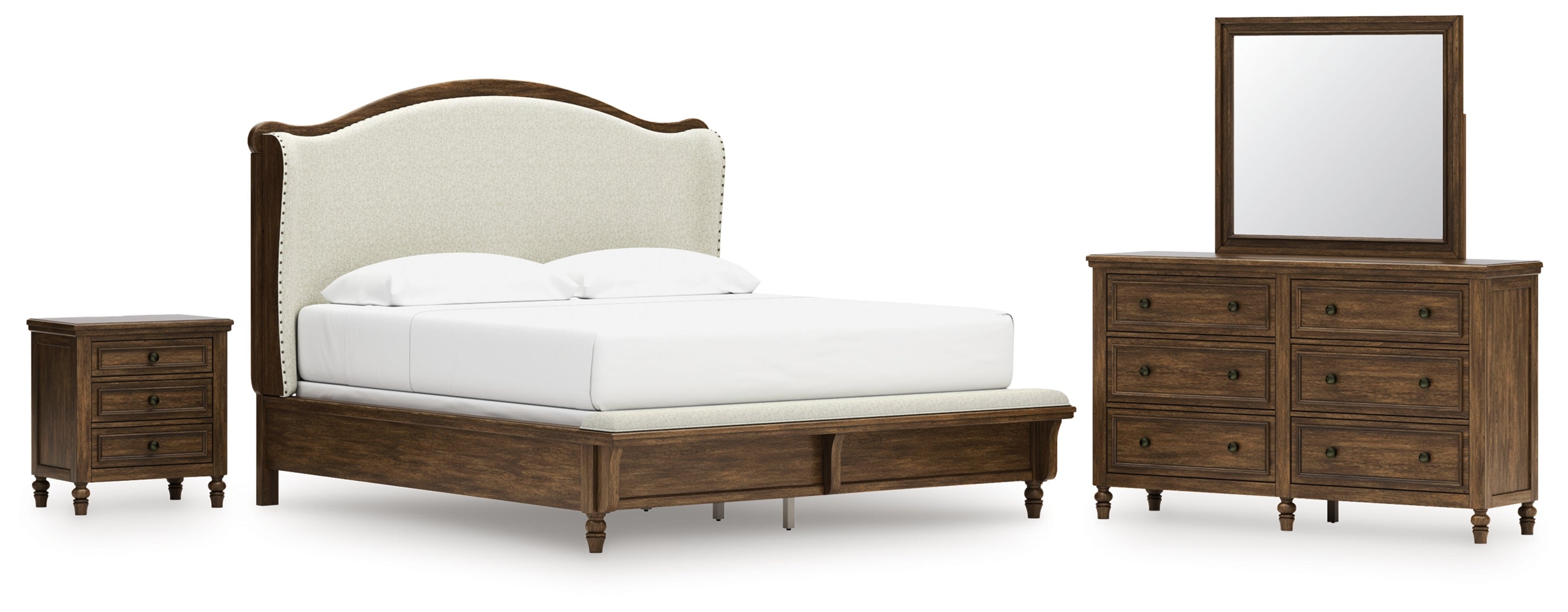 Sturlayne King Upholstered Panel Bed with Mirrored Dresser and Nightstand in Brown from Ashley - Luna Furniture