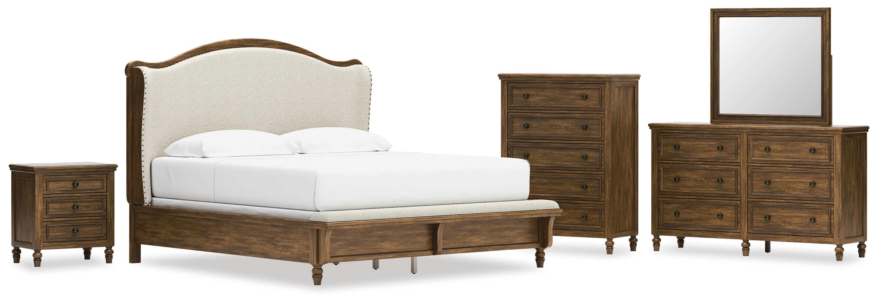 Sturlayne King Upholstered Panel Bed with Mirrored Dresser, Chest and Nightstand in Brown from Ashley - Luna Furniture