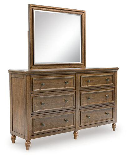 Sturlayne Queen Upholstered Panel Bed with Mirrored Dresser and Chest in Brown from Ashley - Luna Furniture
