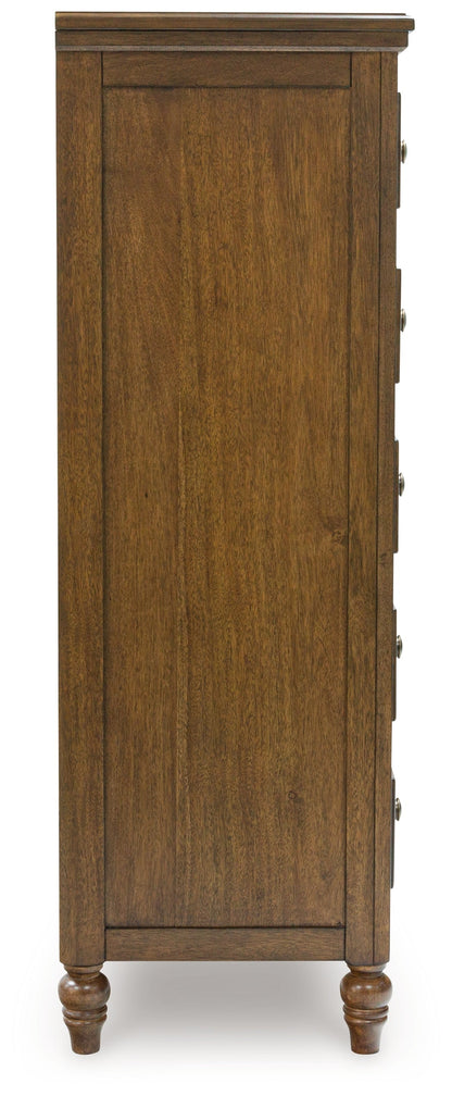 Sturlayne Queen Upholstered Panel Bed with Mirrored Dresser and Chest in Brown from Ashley - Luna Furniture