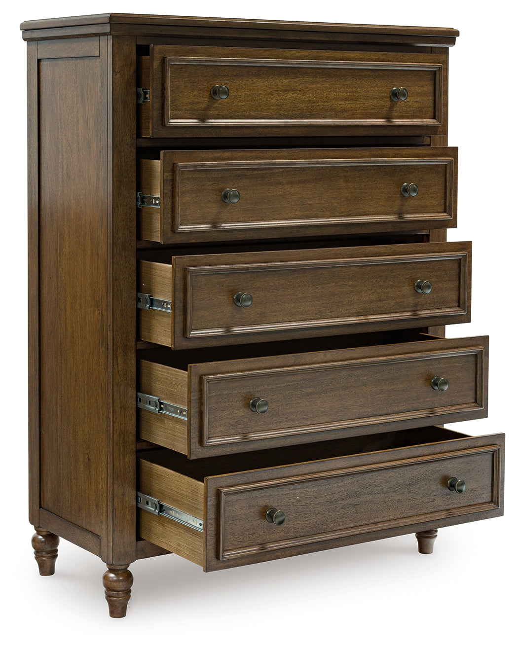 Sturlayne Queen Upholstered Panel Bed with Mirrored Dresser, Chest and 2 Nightstands in Brown from Ashley - Luna Furniture