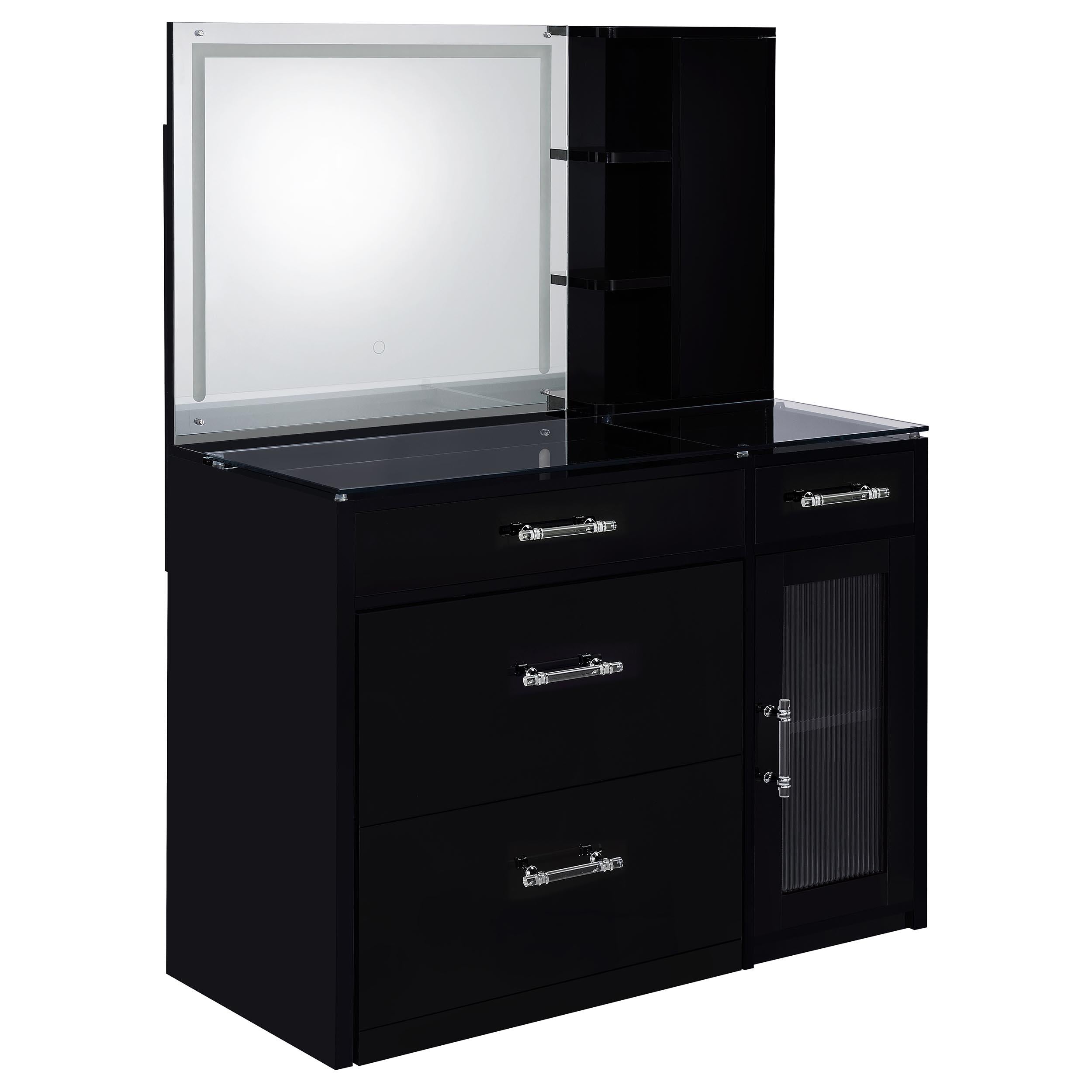 TBA 2-drawer Vanity Table Set LED Mirror and Stool Black High Gloss - 930219