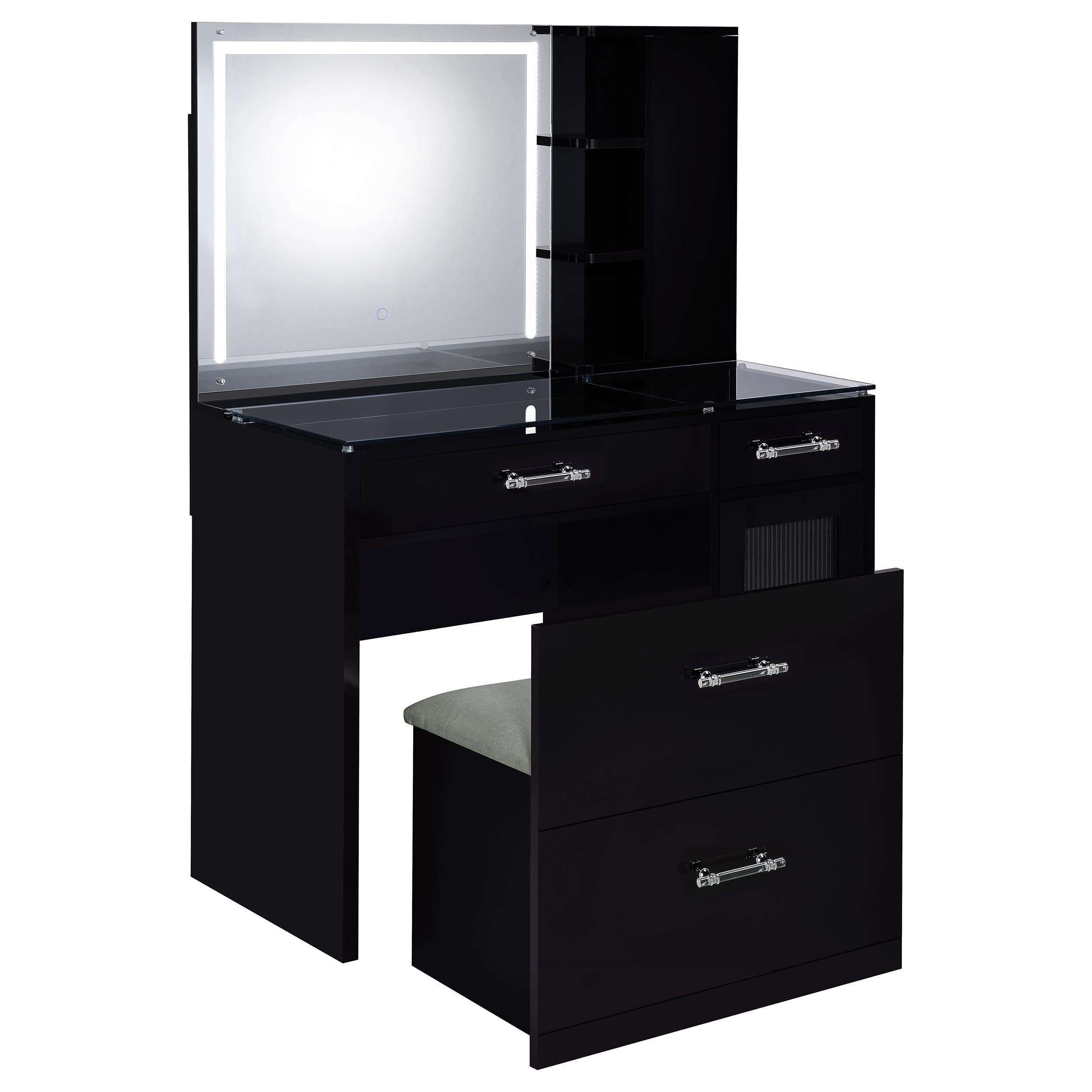 TBA 2-drawer Vanity Table Set LED Mirror and Stool Black High Gloss - 930219